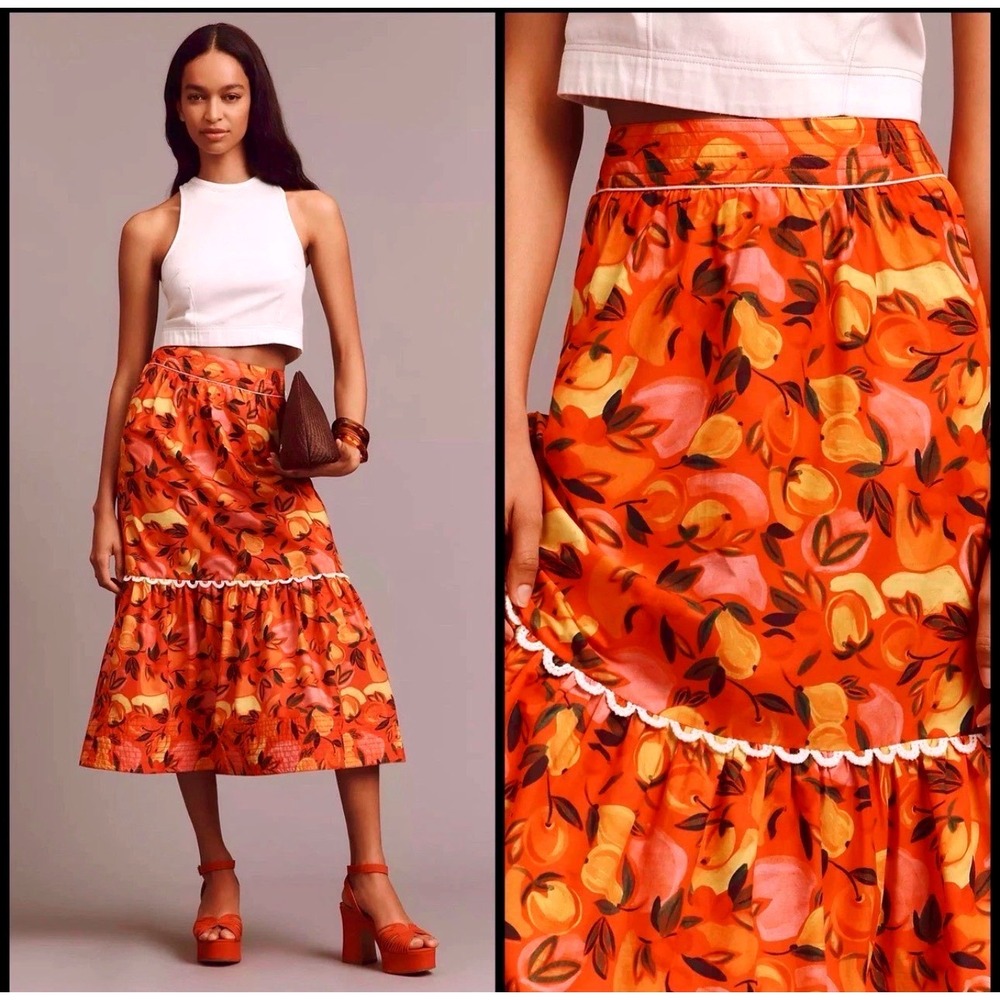 Farm Rio x Anthropologie Tiered Flare-Hem Printed Midi Skirt iRed Fruit Sz S NWT